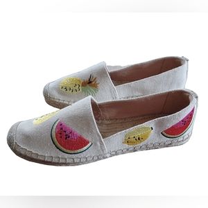 J Crew embroidered pineapple & watermelons on creamy canvas slip on shoe…
